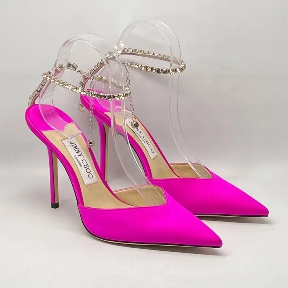 Jimmy Choo Saeda 100mm Satin Crystal Ankle-Strap Pumps size 39
